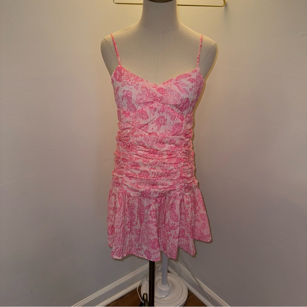 Sincerely Ours Medium Aria Pink White Floral Leopard Ruched Ruffle Dress